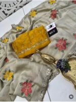 ফ্লোরাল এম্ব্রয়ডারি ও মিরর বর্ডার অর্গানজা/জর্জেট শাড়ি - Image 3