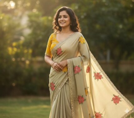 ফ্লোরাল এম্ব্রয়ডারি ও মিরর বর্ডার অর্গানজা/জর্জেট শাড়ি