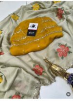 ফ্লোরাল এম্ব্রয়ডারি ও মিরর বর্ডার অর্গানজা/জর্জেট শাড়ি - Image 5